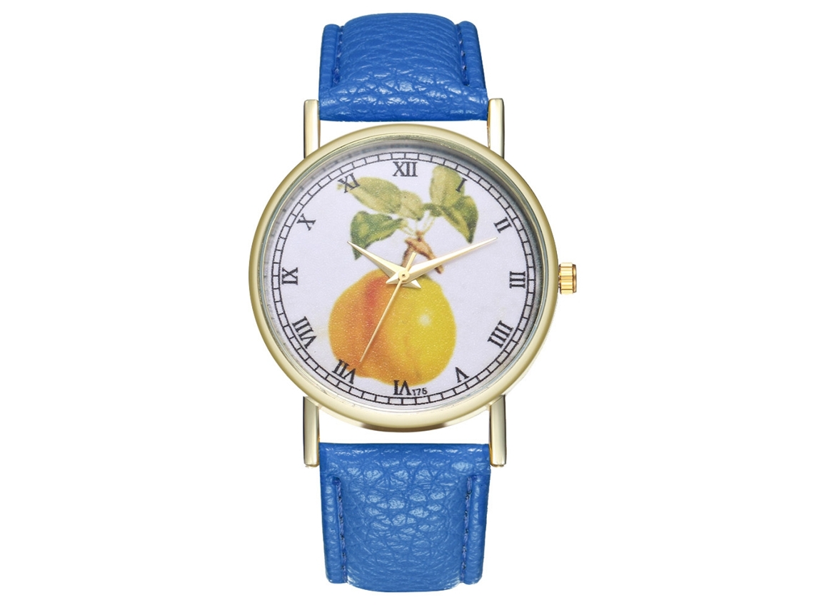 Reloj De Cuarzo Unisex Con Correa De Cuero Pu, Dial De Frutas, Azul Real