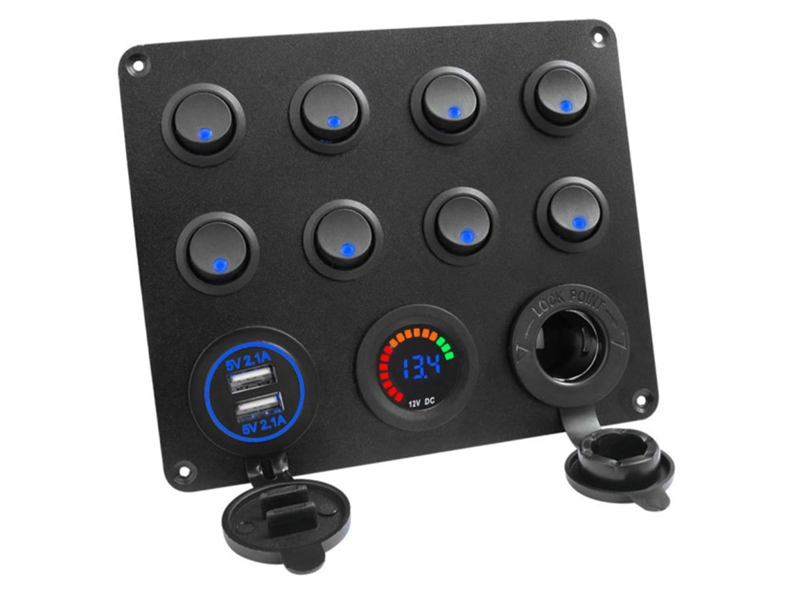 Painel De Controle Veicular Com 8 Botões, 12v/24v, Duas Portas Usb 4.2a, Visor Digital De Voltímetro, Material Abs.