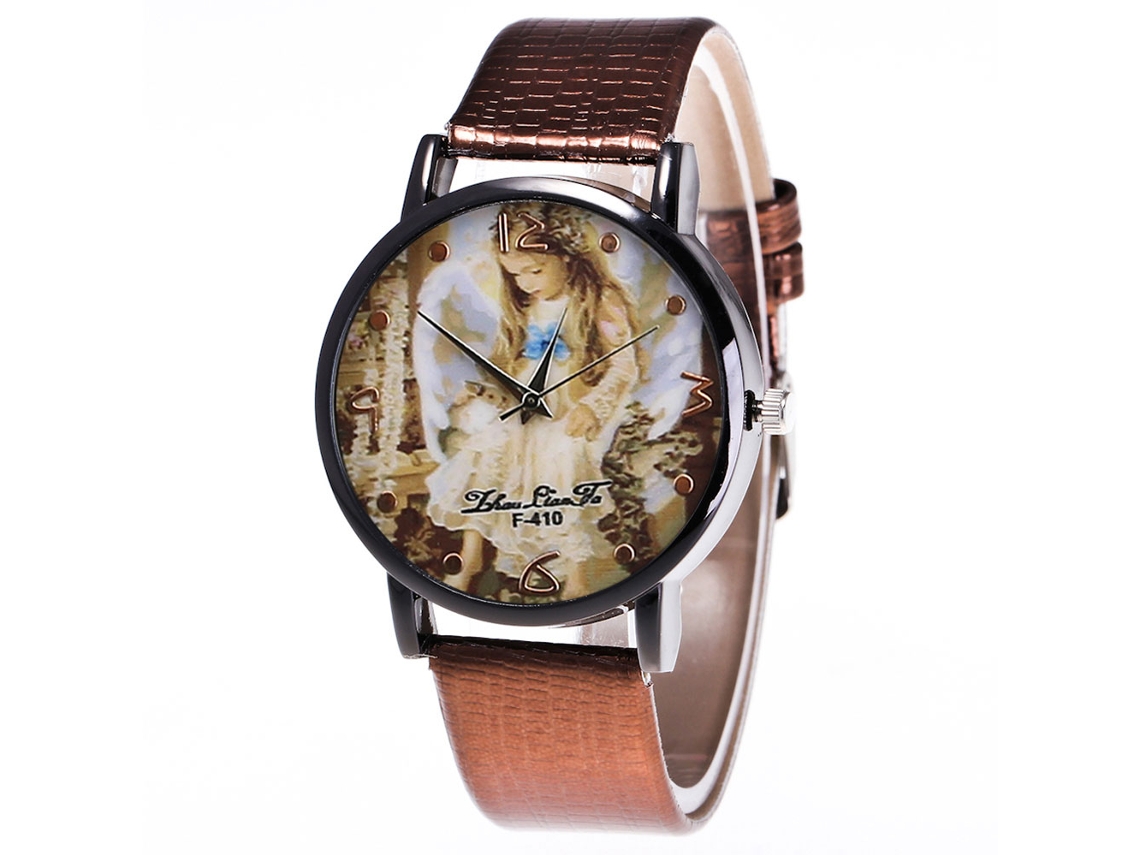 Reloj De Cuarzo Para Mulheres Com Pulseira De Couro Pu, Mostrador Redondo E Padrão De Anjo (café)