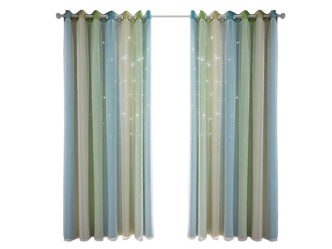 Cortina Dupla Com Estrelas, Degradê Verde E Azul Para Sala E Quarto