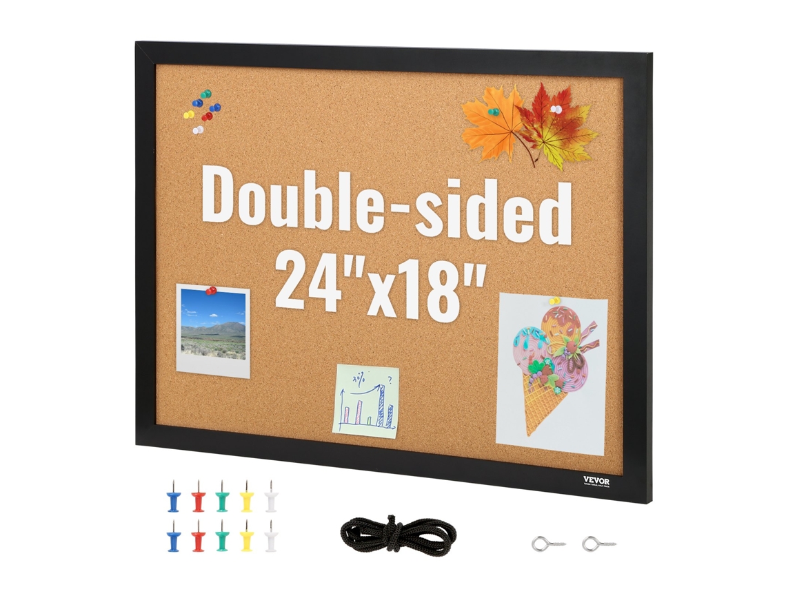 VEVOR Quadro de Cortiça, 24 X 18 Polegadas, Quadro de Avisos de Dupla Face com Moldura Adesiva de Mdf, Quadro de Visão Inclui 10 Alfinetes