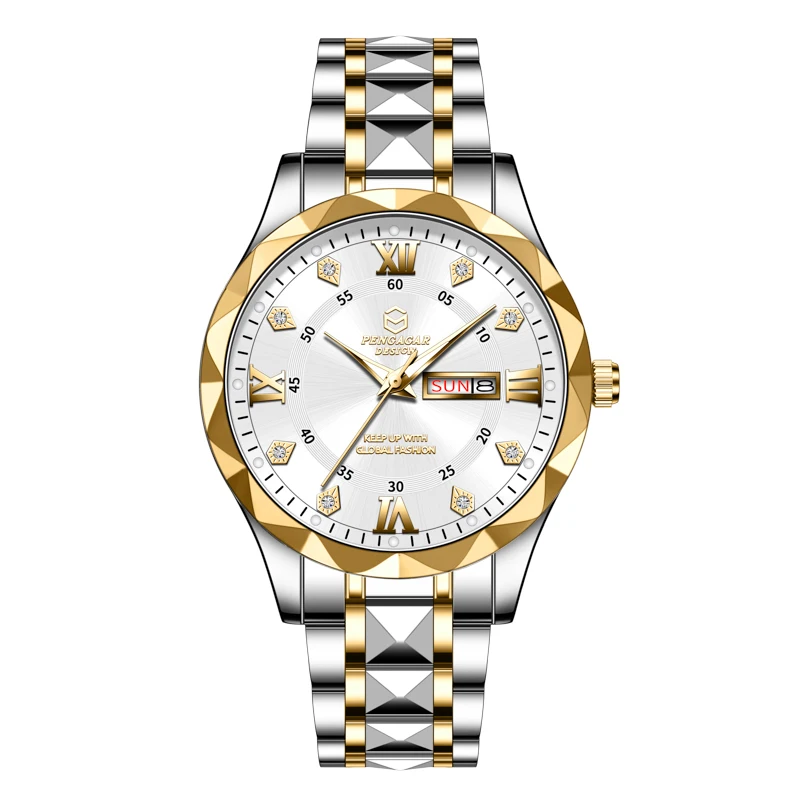 Relógio Geométrico Com Numerais Romanos (dourado E Branco), Para Uso Profissional E Preciso.