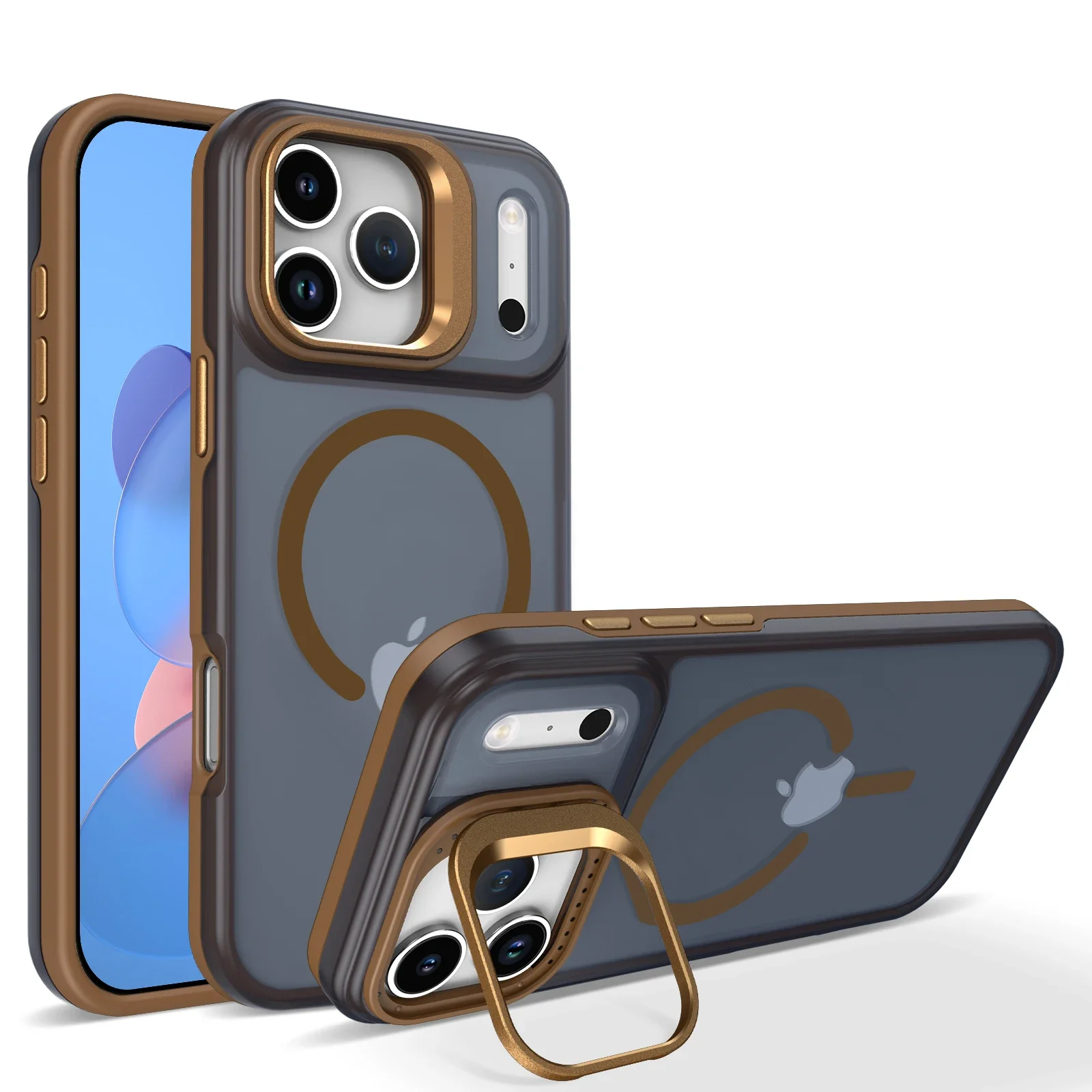 Capa Magnética Transparente À Prova De Choque Para Iphone 17 Pro Max, Dourada, Com Suporte, Compatível Com Carregamento Sem Fio Magsafe.