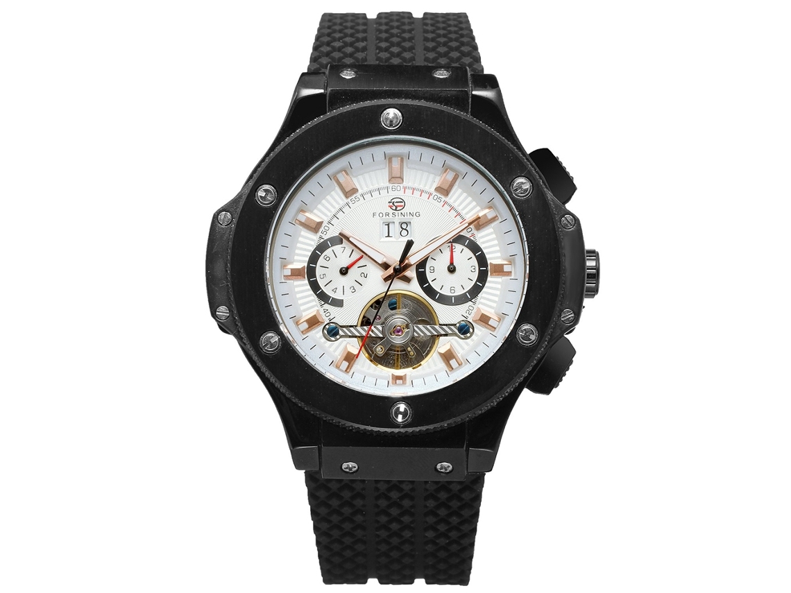 Relógio masculino Forsining automático mecânico com pulseira de silicone, mostrador analógico redondo, branco.