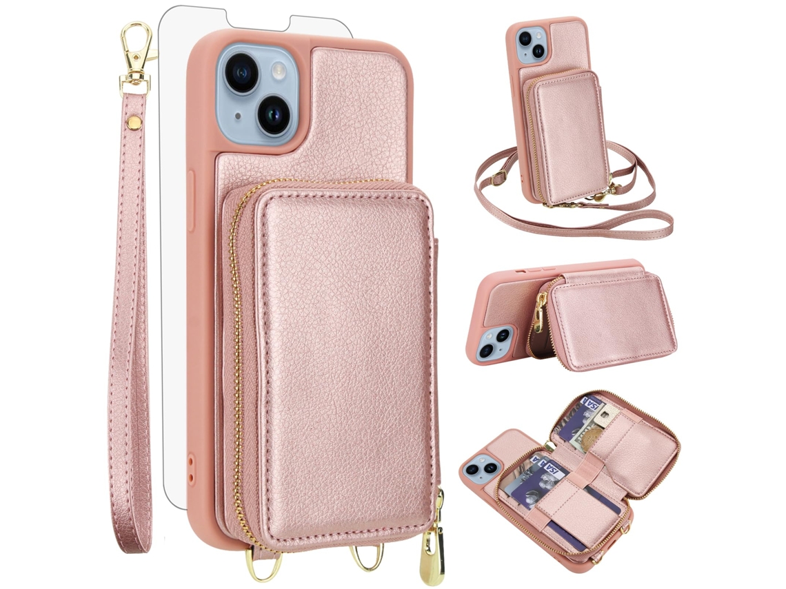 Capa Carteira Para Celular Em Couro Pu+tpu Com Protetor De Tela Para Iphone 13/14 (6,1 Polegadas) - Ouro Rosa
