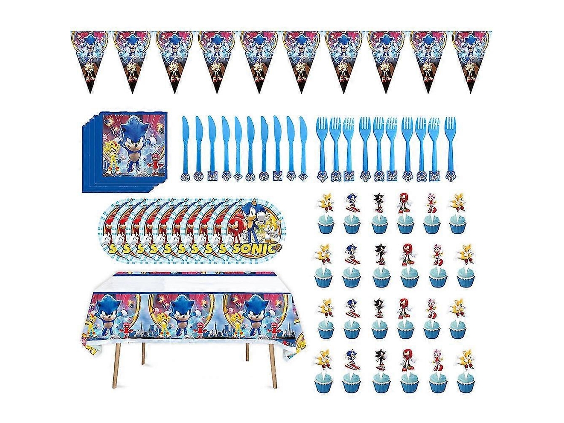 Acessórios e Decorações para Festa Temática Sonic com Pratos, Guardanapos, Bandeirinhas, Toalhas de Mesa e Conjunto de Talheres BRILVIBERA