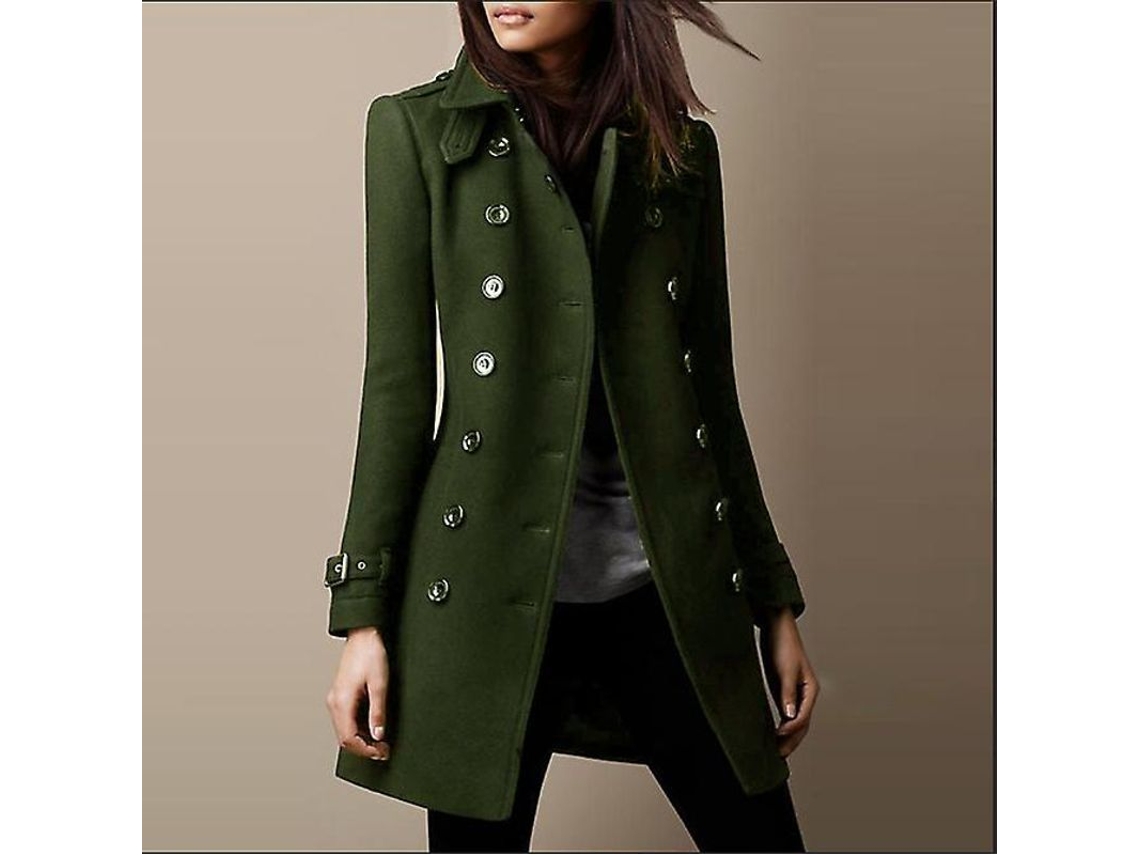 Jaqueta Slim de Lã Extra Longa com Gola Mandarina, Fecho Duplo e Botões para Mulher Office Winter 18 35 Verde Militar