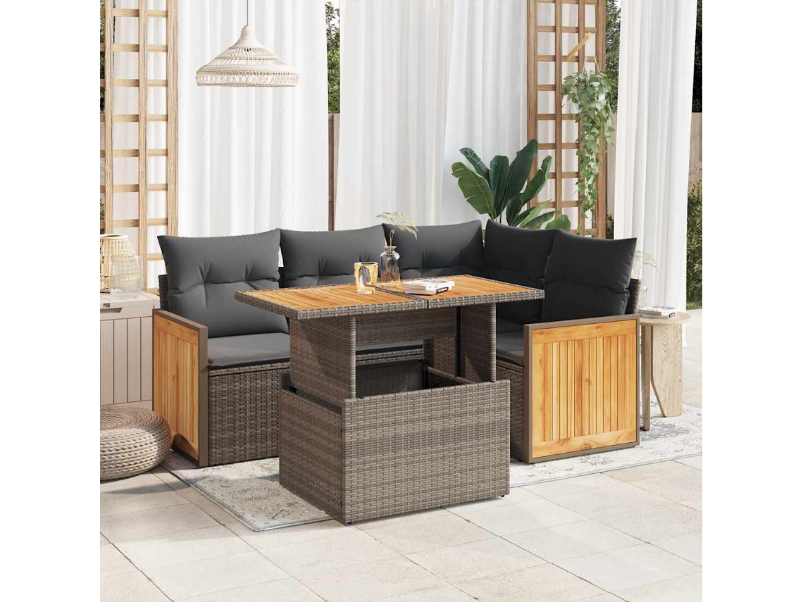 Vidaxl 5 Pcs Conjunto Sofás De Jardim C/ Almofadões Acácia E Vime Pe