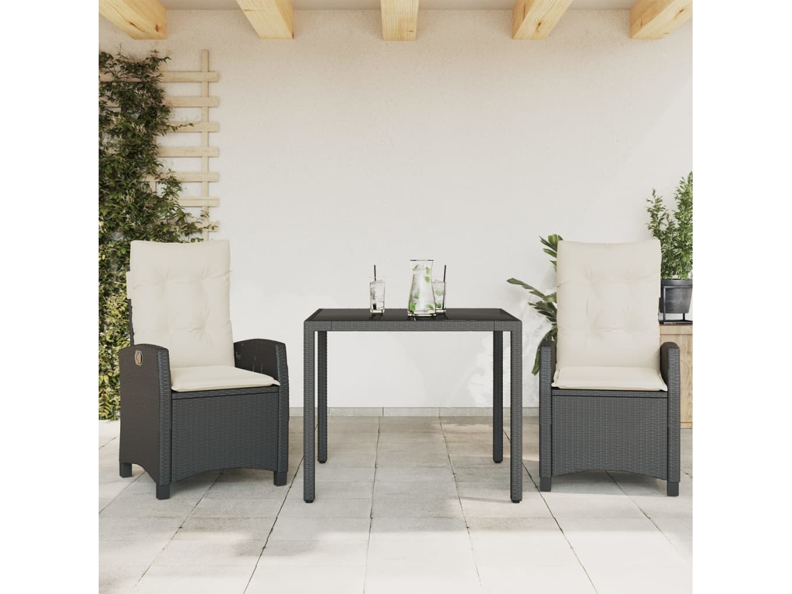 Vidaxl 3 Pcs Conjunto De Jantar P/ Jardim C/ Almofadões Vime Pe Preto