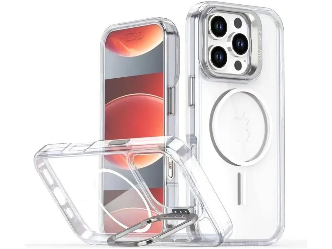 Capa Transparente Brilhante Para Iphone 15 Pro Com Suporte Magnético Para Lente E Lente De Tpu Resistente A Impactos - Branco.