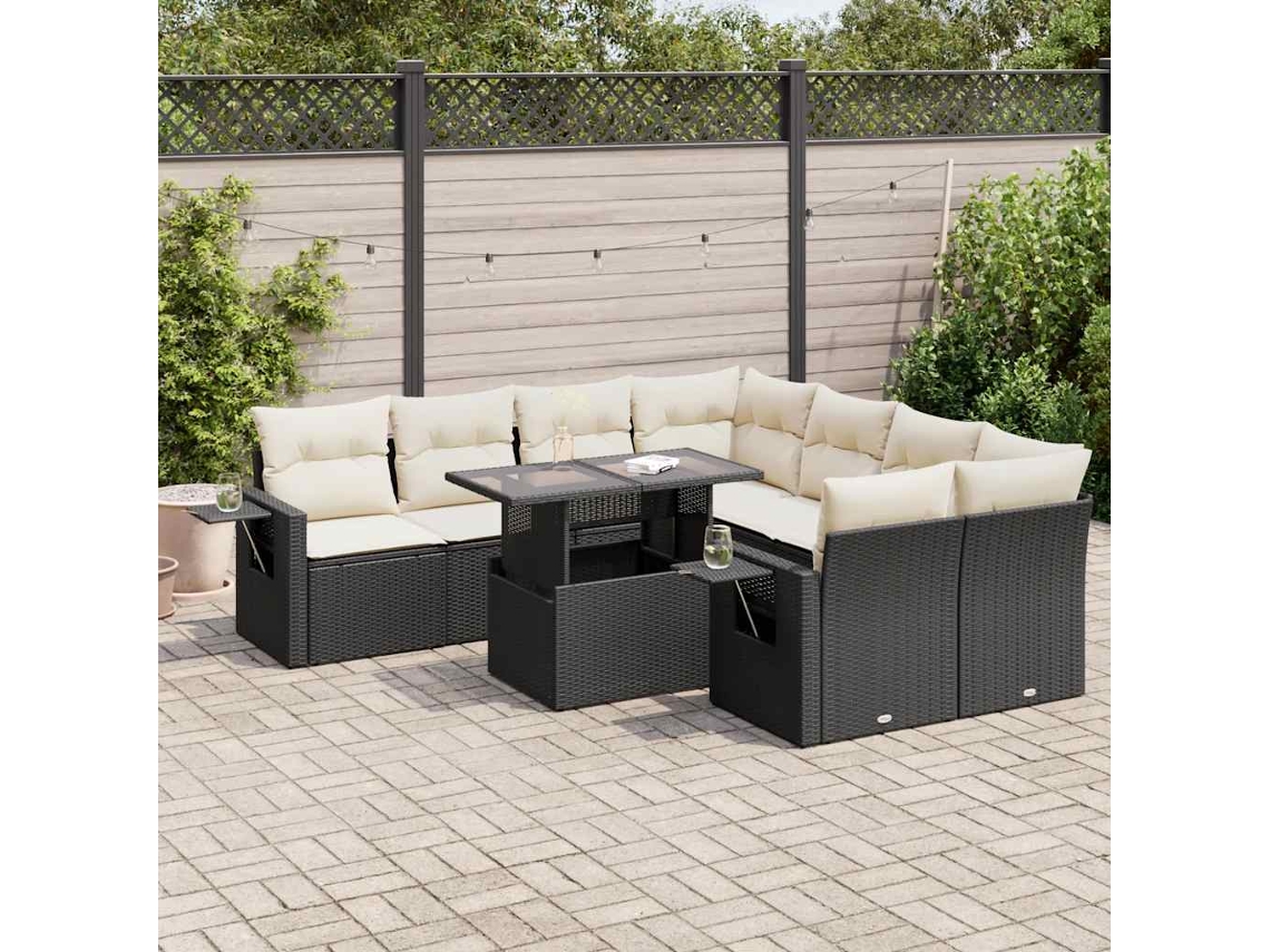 Vidaxl 9 Pcs Conjunto De Sofás P/ Jardim C/ Almofadões Vime Pe Preto