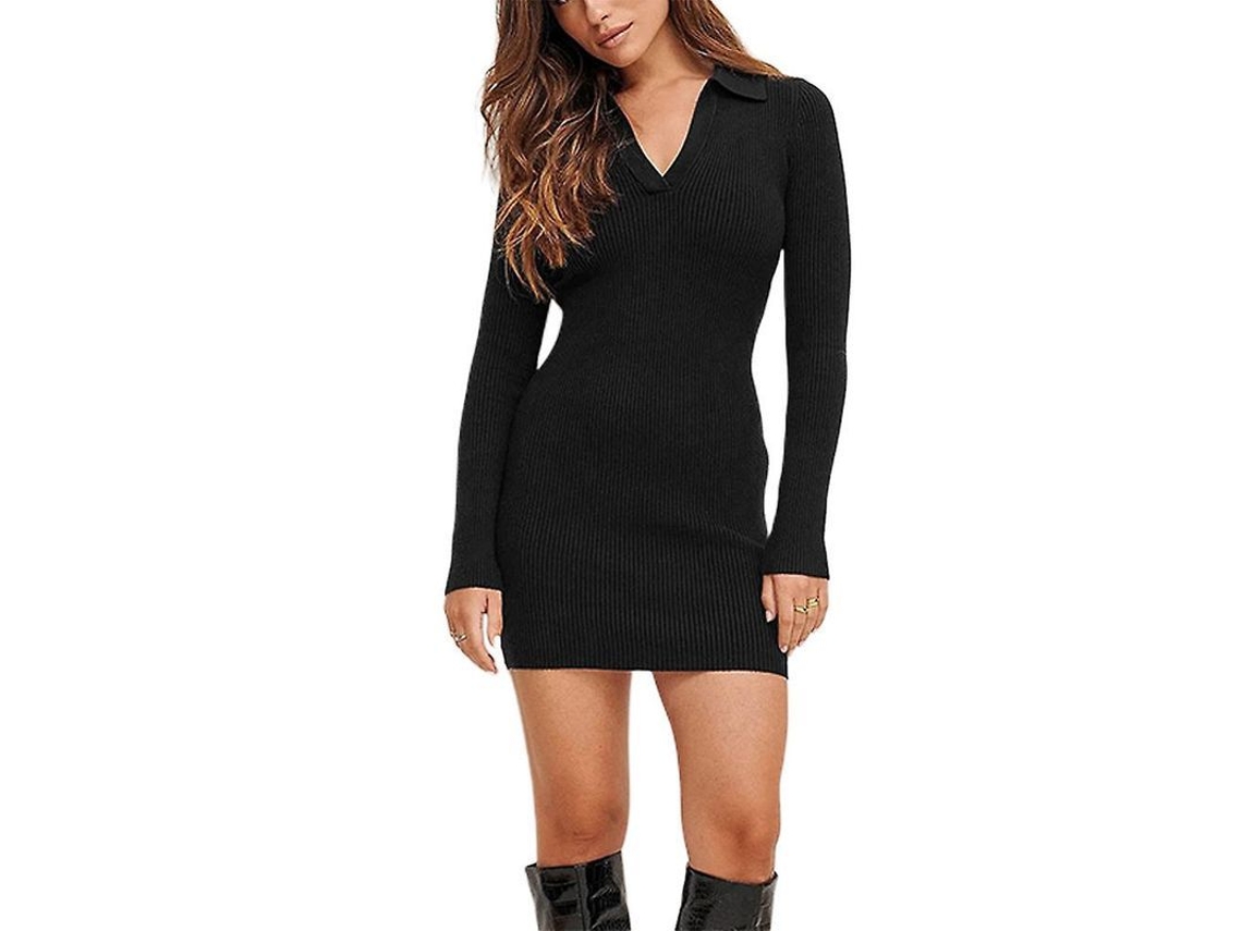 2026 vestido Bodycon para Mulher com Colarinho em V, Manga Longa, Bordado, Ajustado, Moda Mini, Tamanhos S XL
