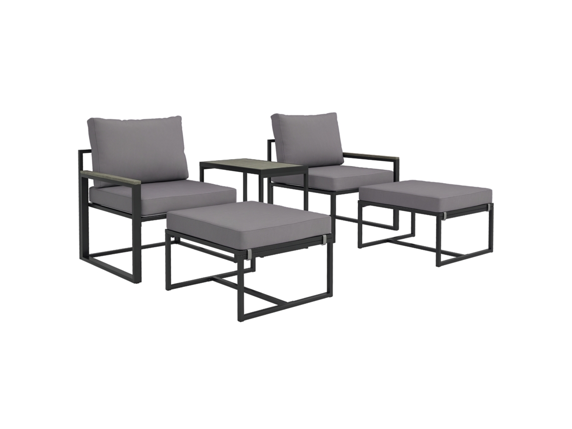 Conjunto Jardim Aço 2 Pessoas, 2 Poltronas Com Almofadas E Mesinha, Cinza