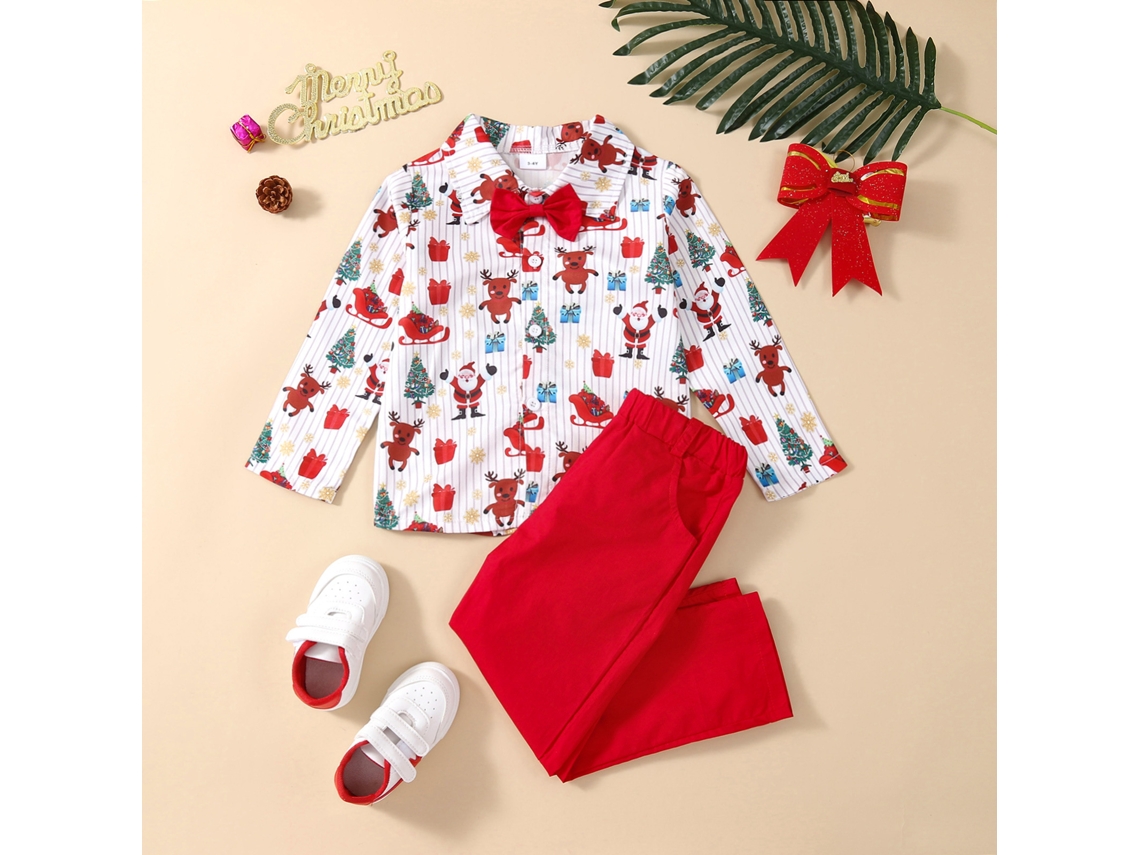 Roupas de Natal Estampadas Camisa Longa Terno Cavalheiro 100Cm