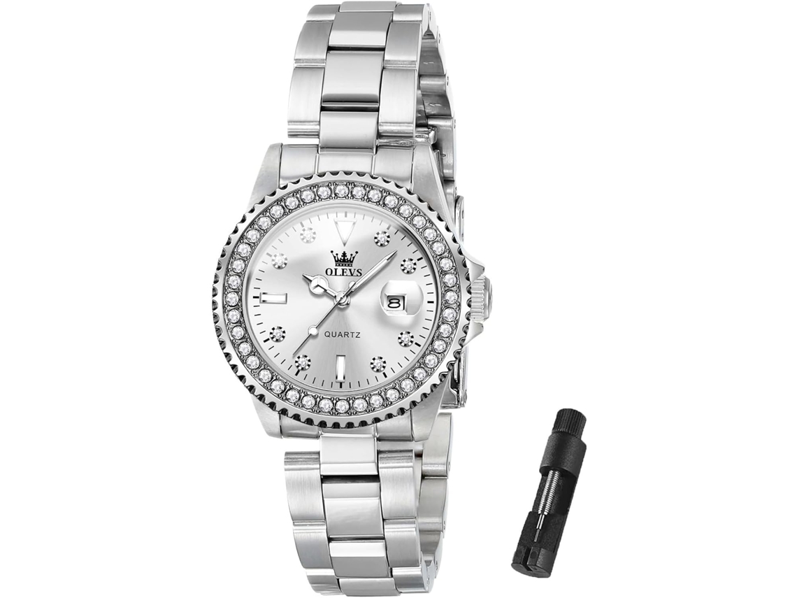 Lurelia Relógio Feminino, Movimento De Quartzo, Data/calendário, Luminoso, Detalhes Com Strass, Aço Inoxidável, Resistente À Água
