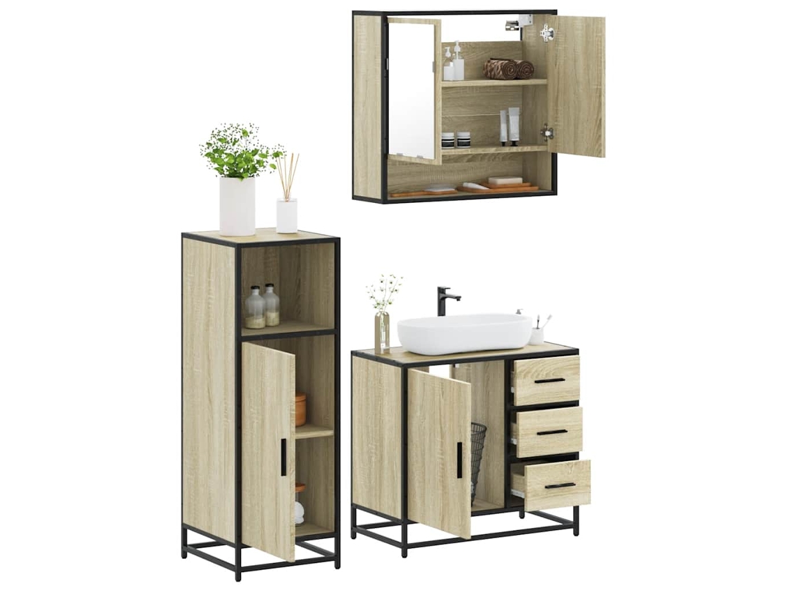 Vidaxl 3 Pcs Conj. Móveis Casa Banho Derivados Madeira Carvalho Sonoma