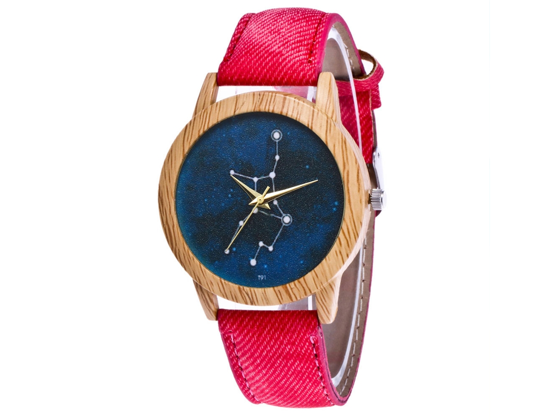 Relógio de pulso casual Zhoulianfa com pulseira de jeans vermelha e mecanismo de quartzo.