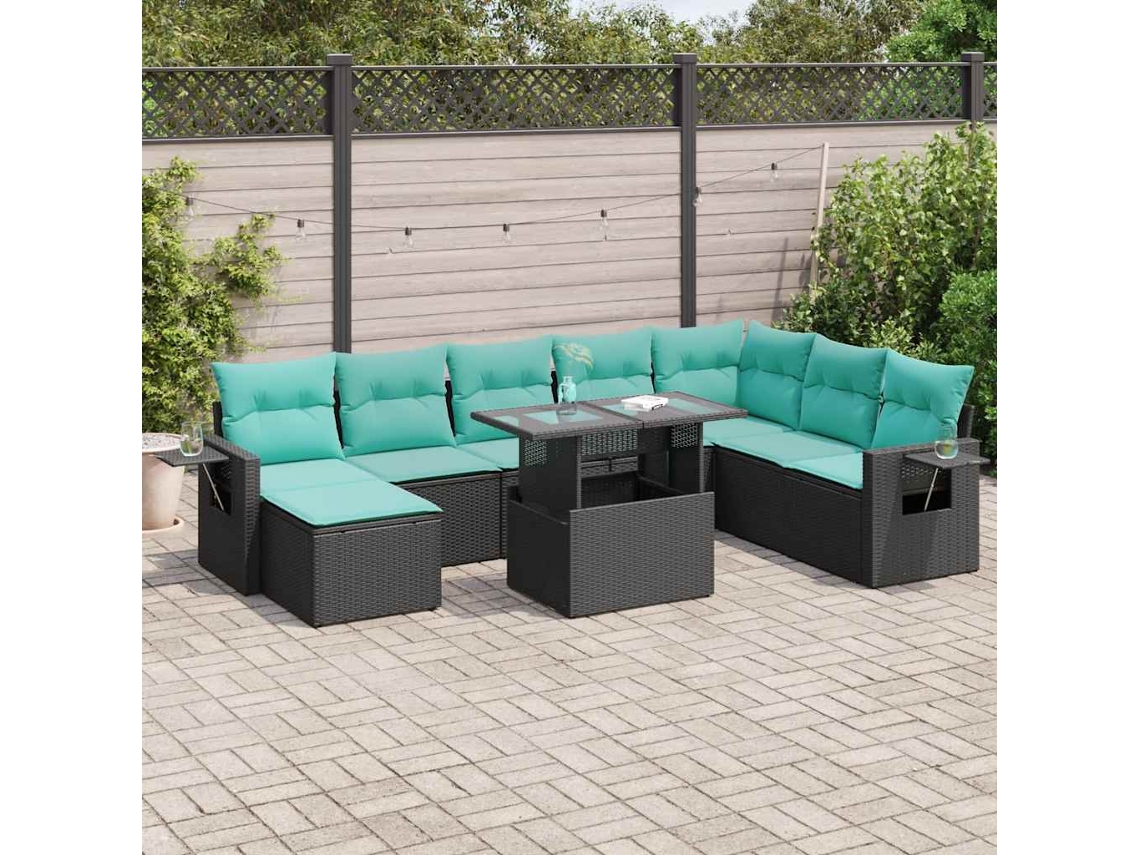 Vidaxl 9 Pcs Conjunto Sofás P/ Jardim Almofadões Vime Pe/acácia Preto