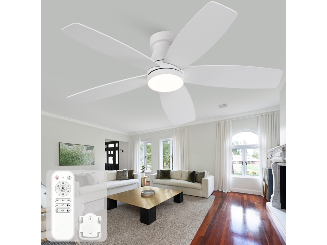 Ventilador De Teto 42 Polegadas Com Luz Led, Três Pás De Madeira Em Branco E Natural, Controlo Remoto E Seis Velocidades