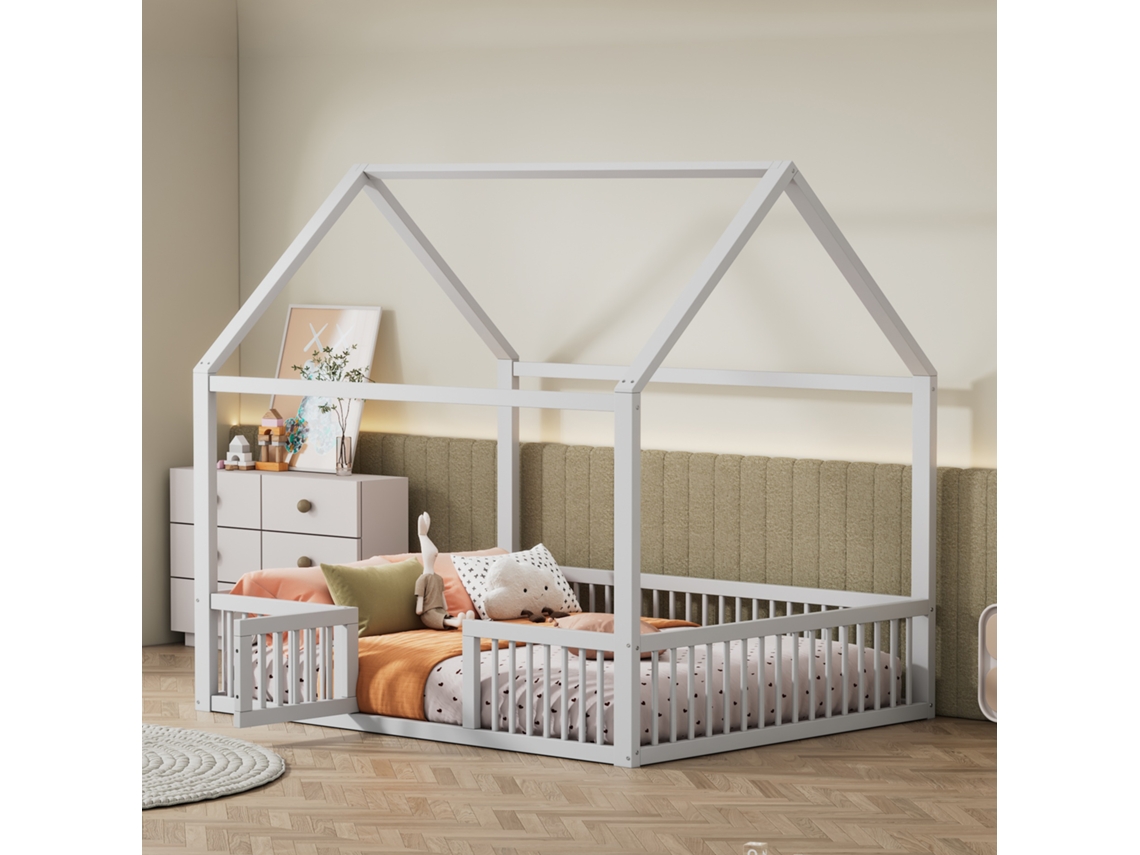Cama Casal Madeira Maciça 140x200 Cm, Design Casa, Porta Integrada, Branca