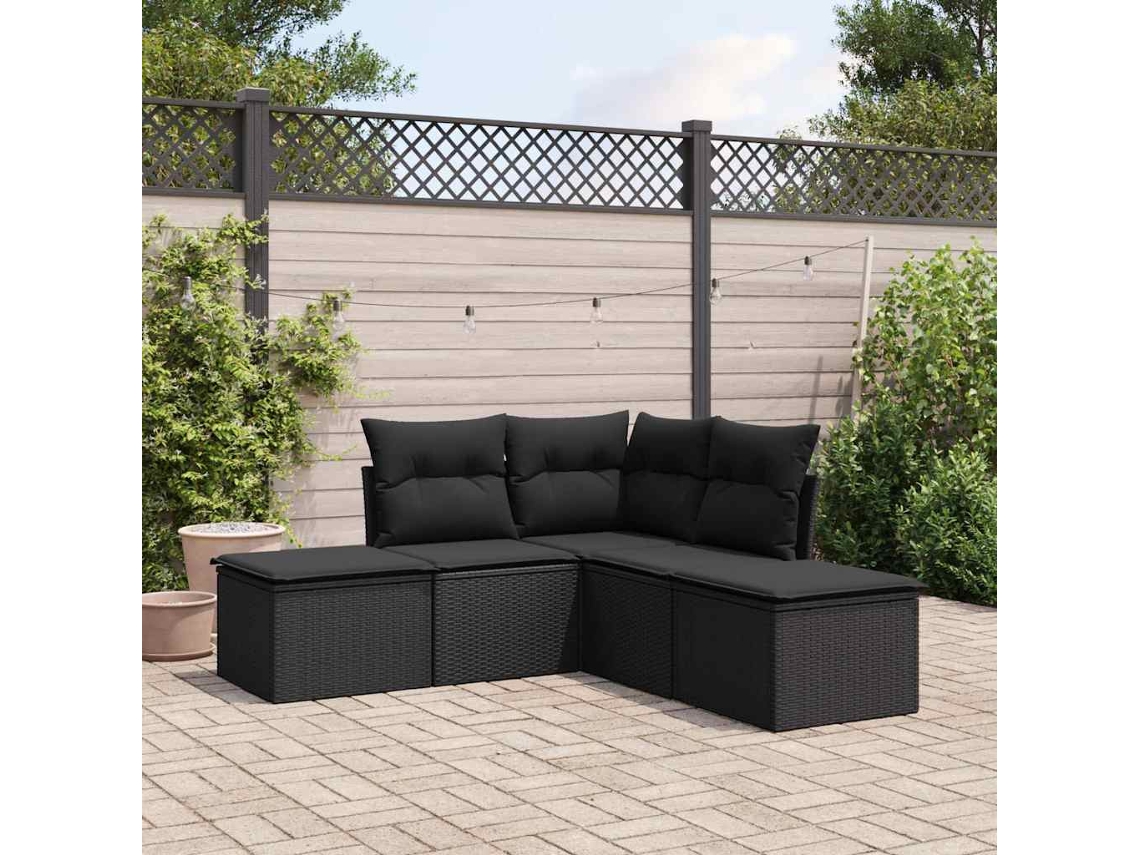 Vidaxl 5 Pcs Conjunto Sofás De Jardim Com Almofadões Vime Pe Preto