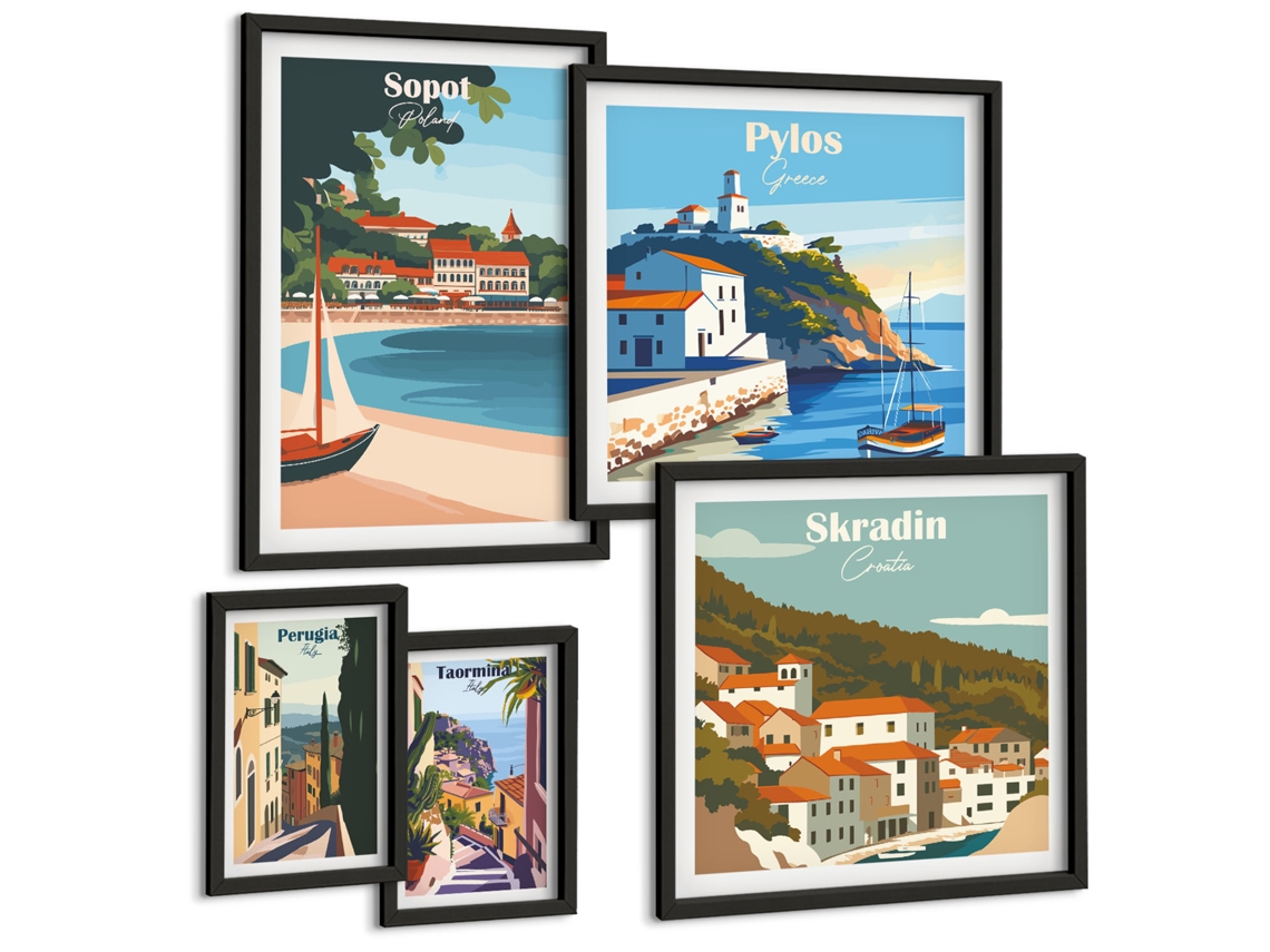 Conjunto De Pinturas Pôsteres Florais Tóquio Paris Londres Moldura Preta Quadros Para A Sala De Estar Espelharte (conjunto De 5 Imagens)