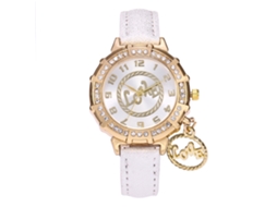 Relógio Feminino de Quartzo com Pulseira de Couro Pu Mostrador Redondo Strass Branco
