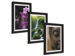 Composição De Quadros Flores, Cachoeira, Buda, Rochas, Zen Espelharte (3 Peças 20x30 Cm)