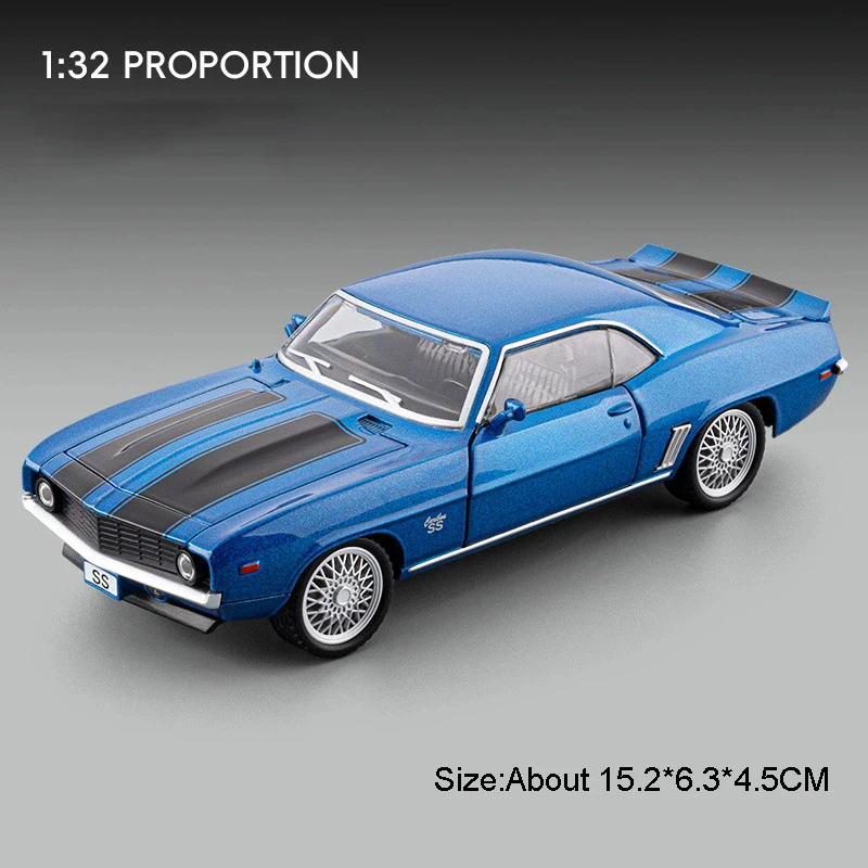 (camaro Ss Azul) Miniatura De Carro Esportivo Em Escala 1:32, Com Efeitos De Som E Luz, Portas Que Abrem, Modelo Em Liga Metálica Fundida.