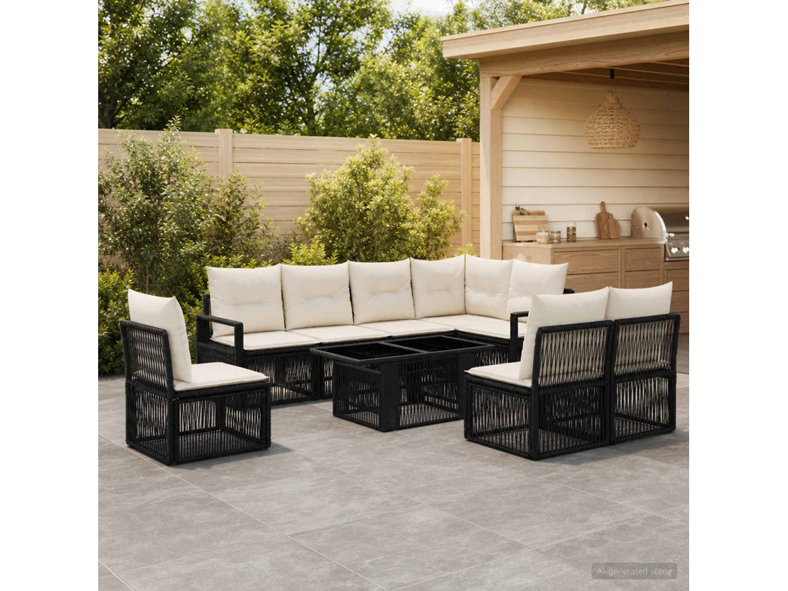Vidaxl Conjunto De Sofá De Jardim 9 Unid. Preto E Branco Creme Vime Pe