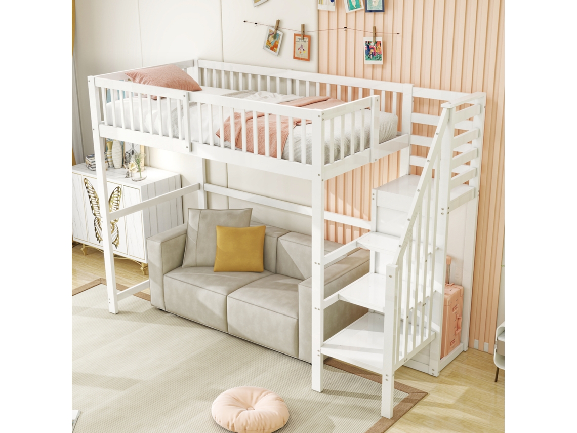 Cama Alta Infantil De 90x200 Cm Com Escada, Prateleira E Pequeno Guarda-roupa, Madeira Branca.