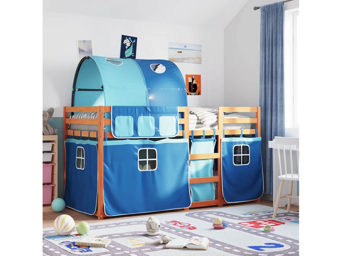 Vidaxl Beliche com Cortinas 90x200 Cm Madeira de Pinho Maciça Azul