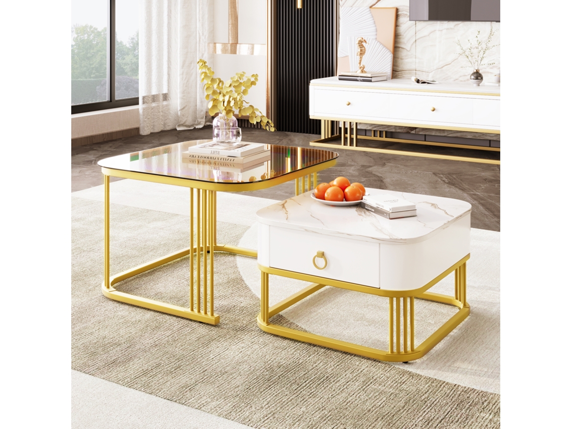 Conjunto 2 Mesas Vidro Marrom Mármore Dourado VOLTEDGE