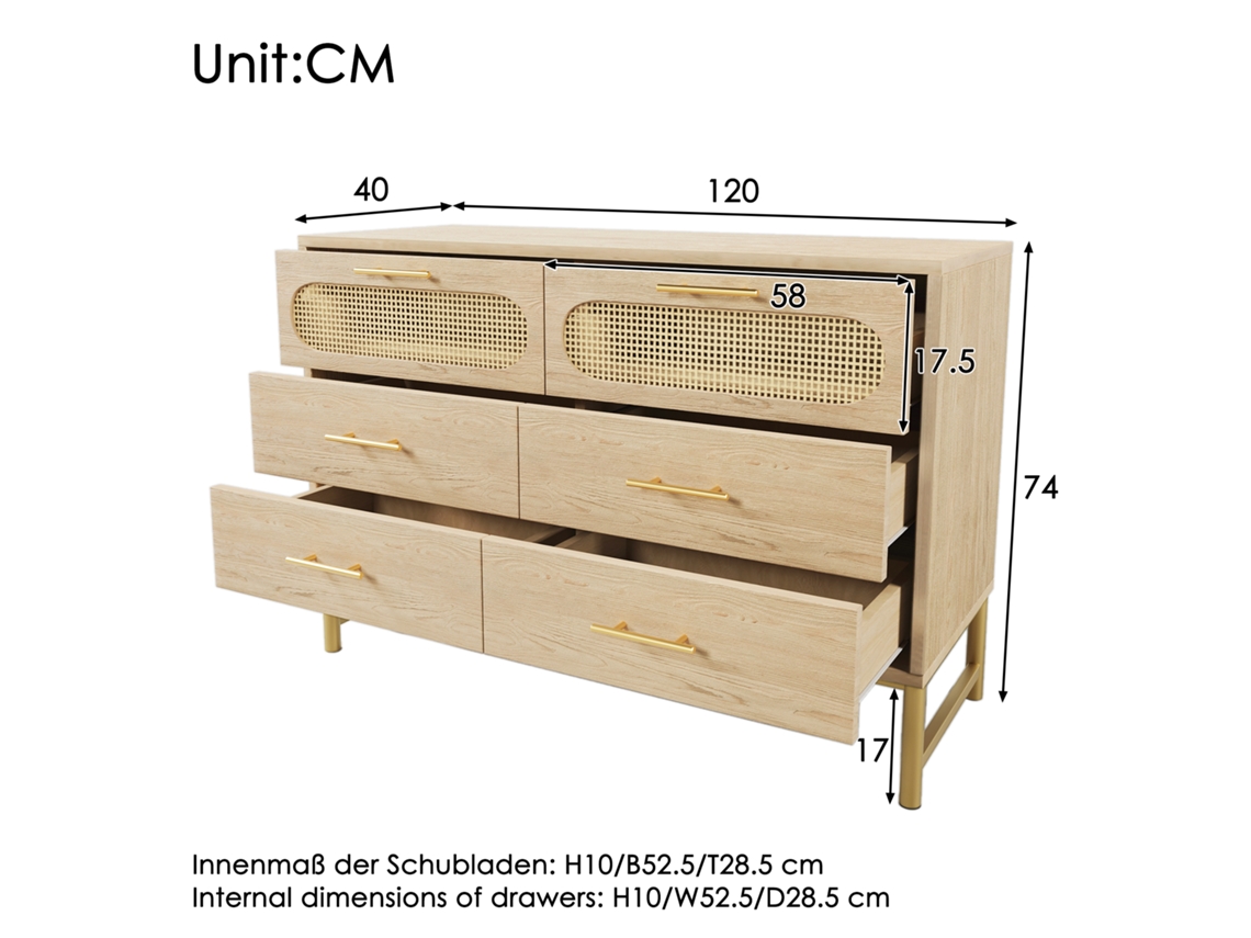 Cômoda Em Vime Seis Gavetas, Punhos Metálicos Anti-tombamento 120×40×74cm Acabamento Carvalho Sonoma