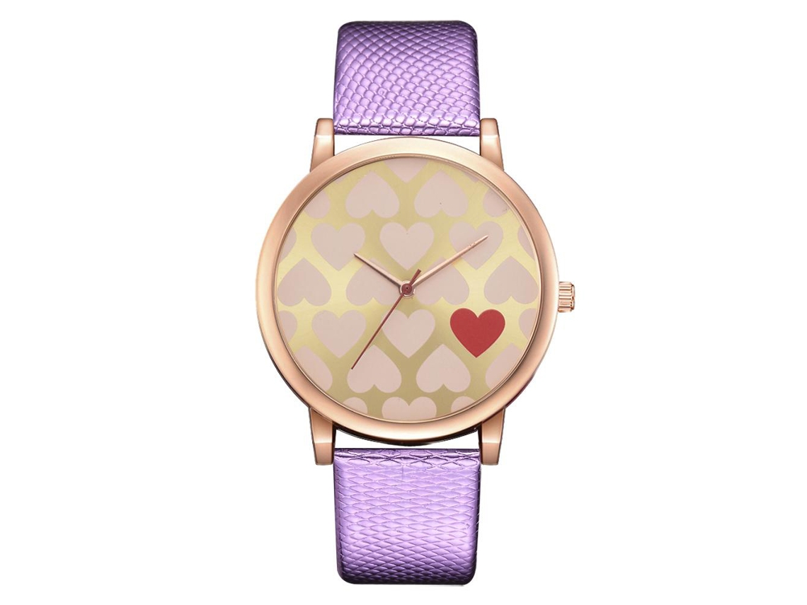 Relógio de Pulso Feminino Casual de Quartzo com Mostrador Redondo e Coração em Couro Pu Roxo