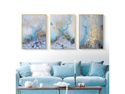 Conjunto de 3 pinturas abstratas decorativas em tecido, com imagens de mármore azul.