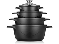 Trem De Cozinha Indução  8 Peças, Alumínio Fundido, 4 Panelas Con Tampa De Vidro, Antiaderente Briebe Mgk-12 Preto
