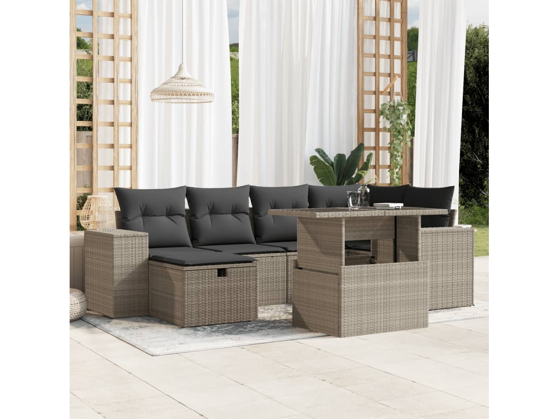 Vidaxl 7 Pcs Conj. Sofás Jardim com Almofadões Vime Pe Cinzento claro