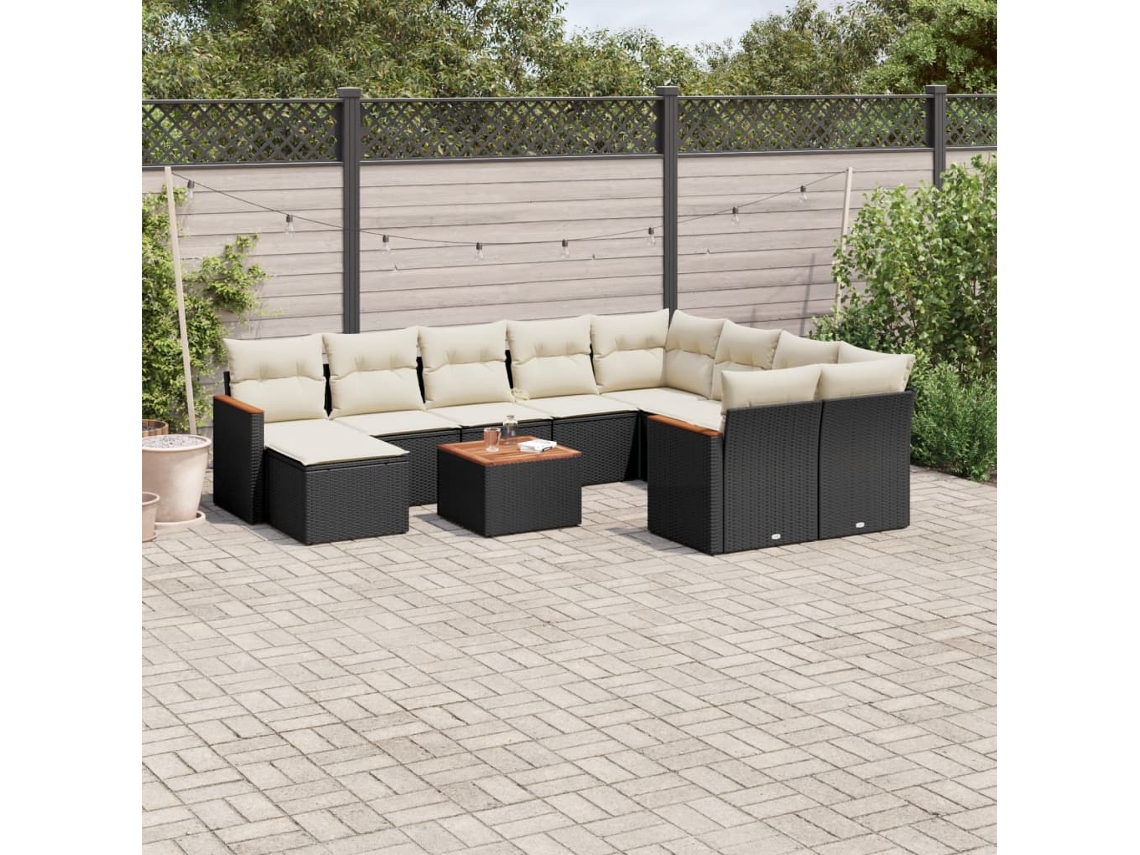 Vidaxl 11 Pcs Conjunto Sofás De Jardim C/ Almofadões Vime Pe Preto