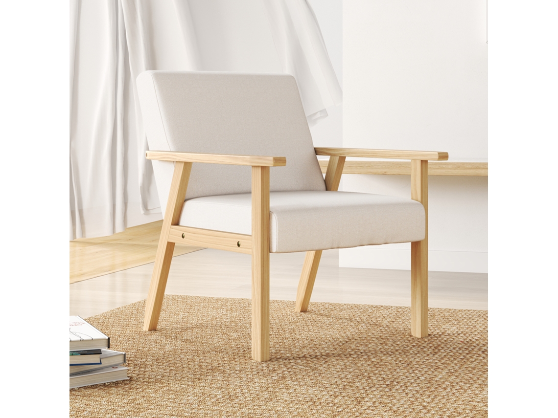 Linho Poltrona Com Apoio De Braço, Cadeira De Jantar, Relax Sofa Para Sala, Quarto, Estrutura Em Madeira Maciça, 64 X 70 X 72 Cm, Cor Branco Crem