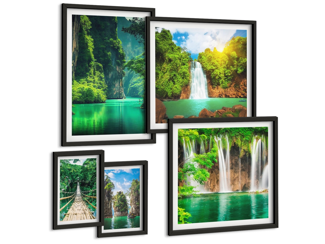 Conjunto De Pinturas Montanhas Em Tons Pastel, Estilo Japonês Moldura Preta Quadros Para O Escritório Espelharte (conjunto De 5 Imagens)
