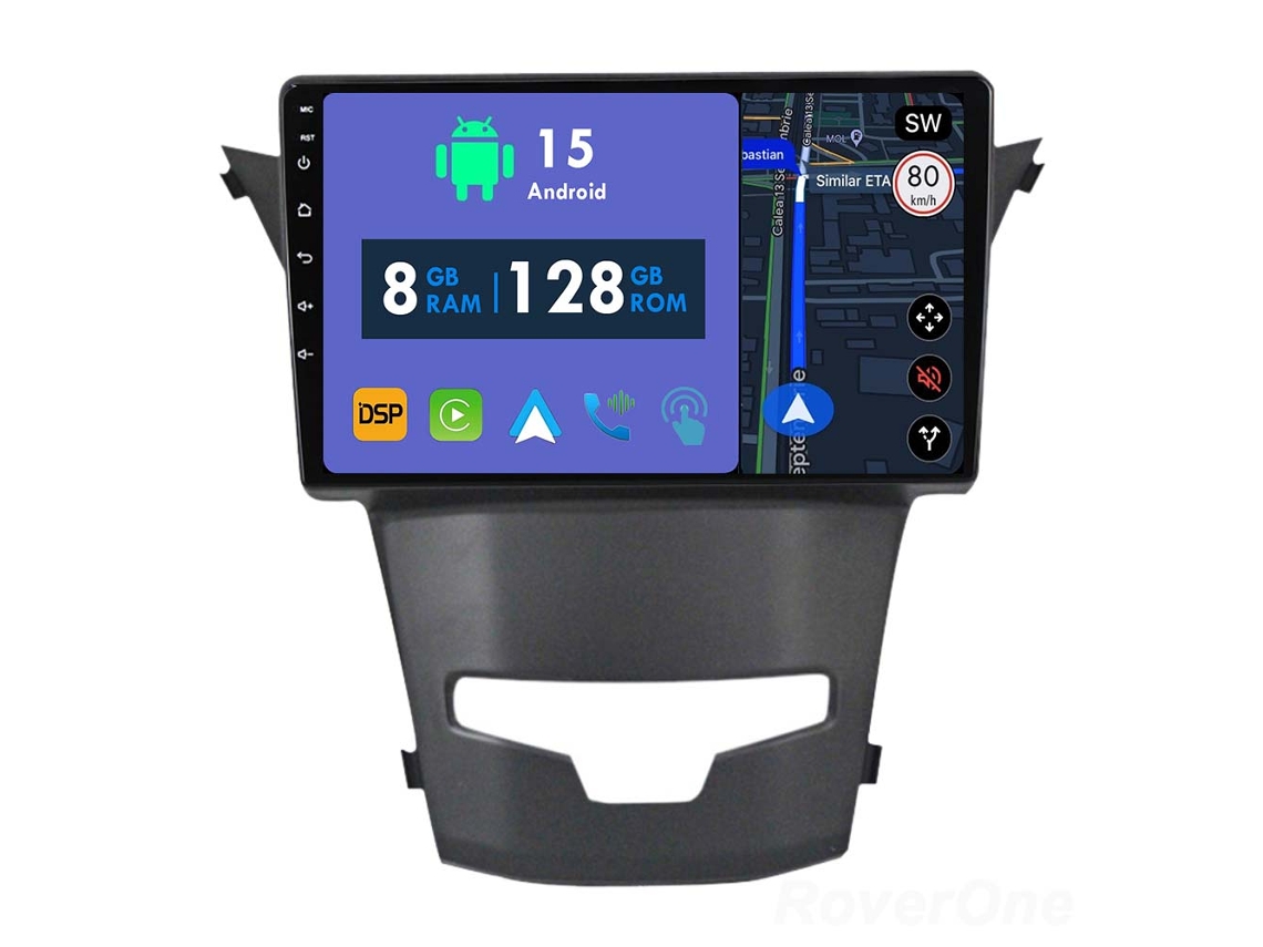 Auto Rádio Carro Bluetooth Autoradio 8GB RAM 128G ROM CarPlay Navegação GPS Ecrã Táctil RoverOne para SsangYong Korando 3 Actyon 2 2013-2017  