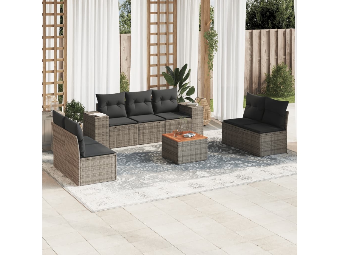 8 Pcs Conjunto Sofás De Jardim C/ Almofadões Vime Pe Cinza Dkd Home Decor
