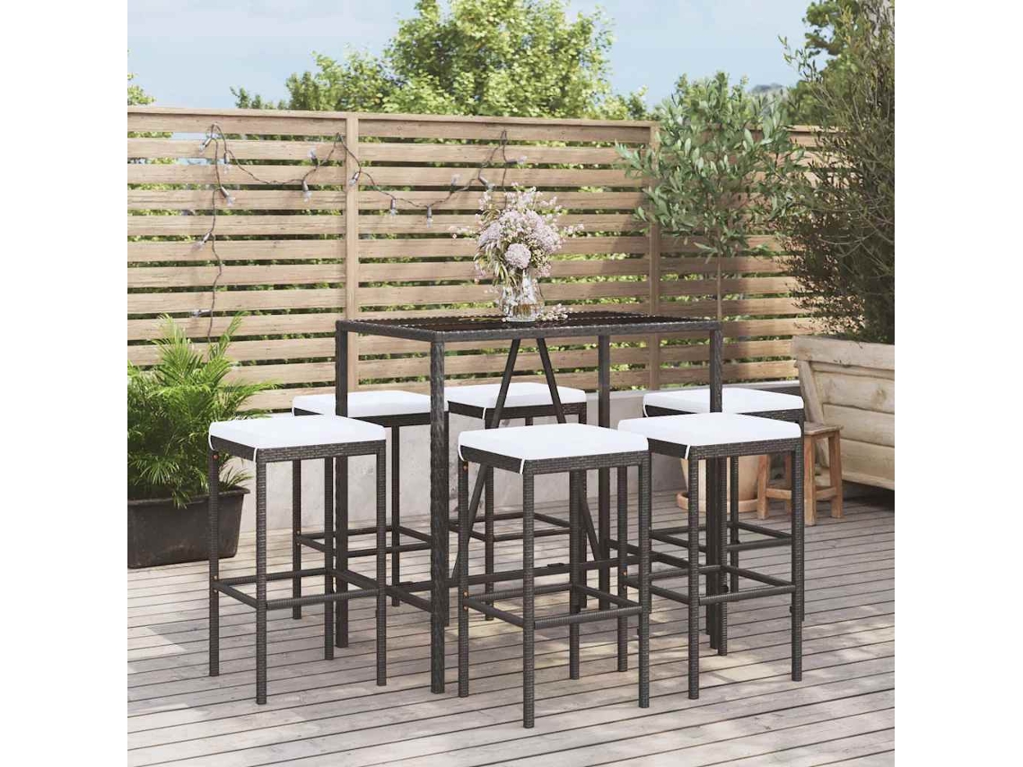 Vidaxl 7 Pcs Conjunto De Bar Para Jardim C/ Almofadões Vime Pe Preto