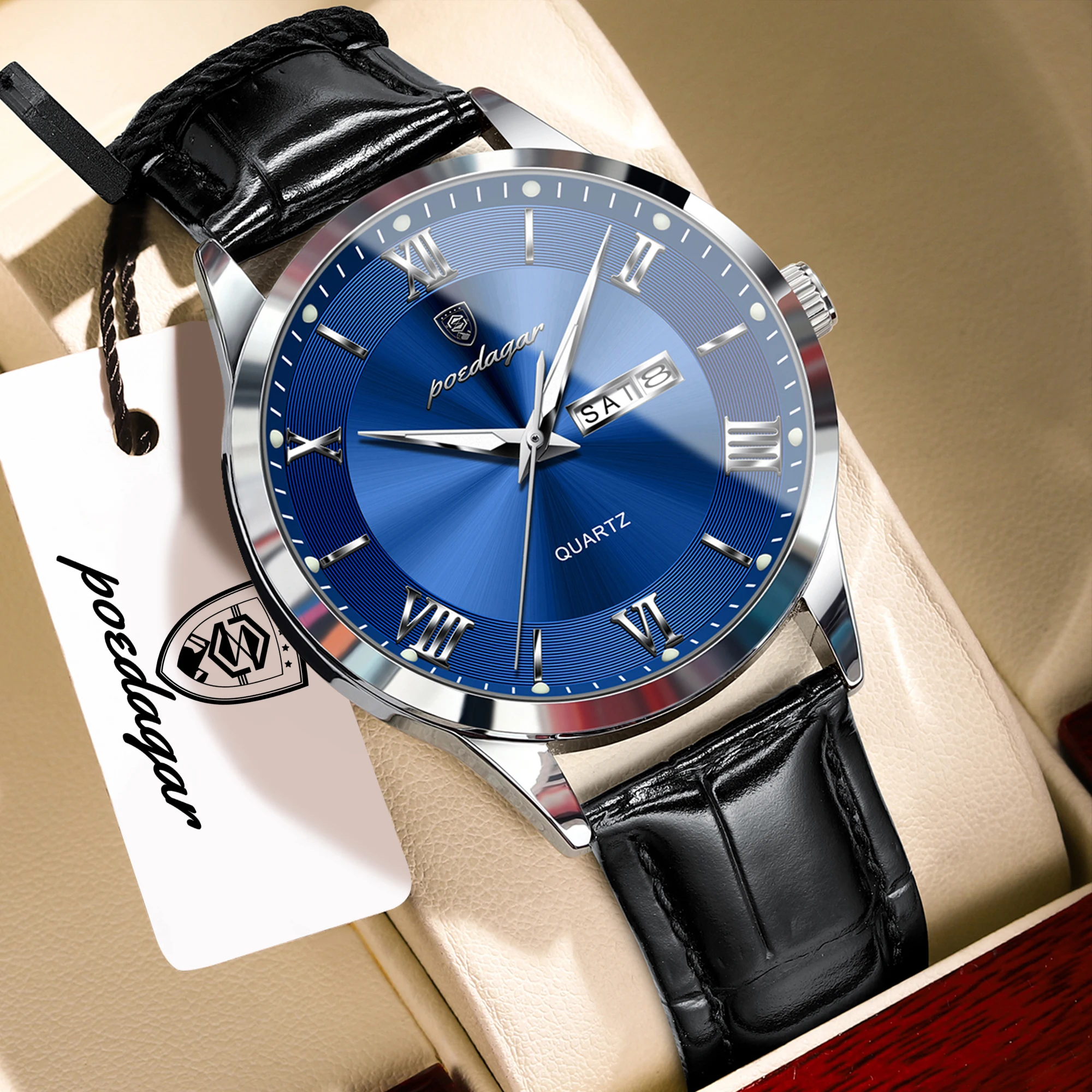 Relógio Masculino De Luxo (azul Prateado), Pulseira De Couro Genuíno, À Prova D'água E Luminoso.