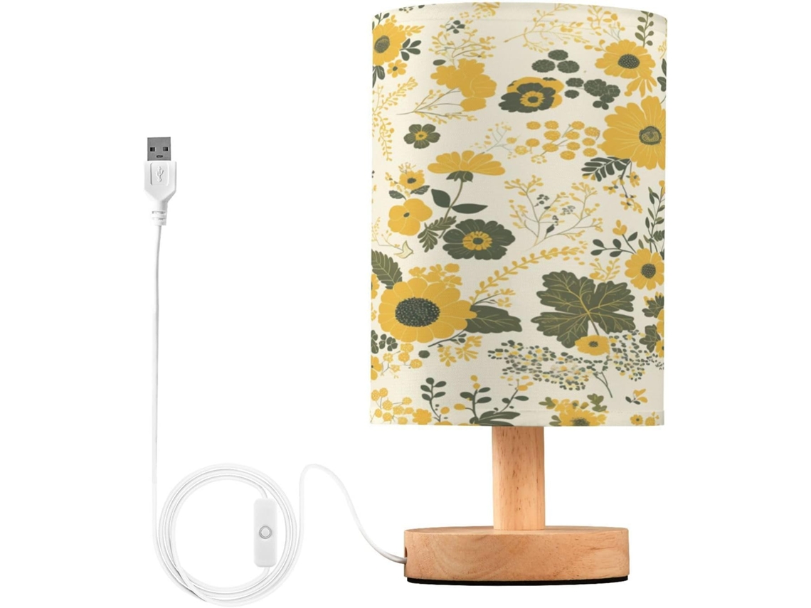 Abajur De Cabeceira Led Amarelo Com Estampa Floral, Para Quarto, Com Cúpula De Tecido, Base De Madeira E Porta Usb