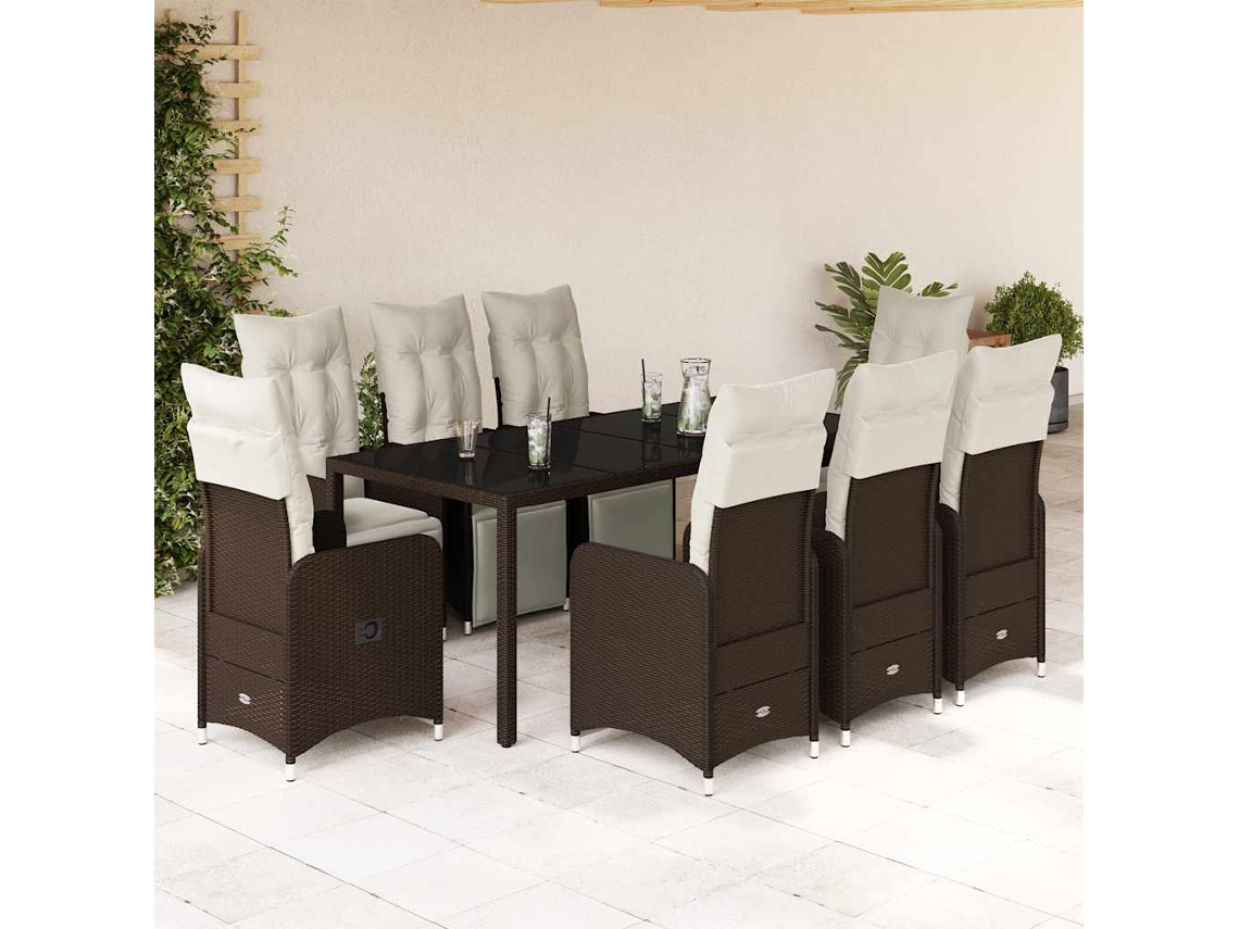 Vidaxl 9 Pcs Conjunto Bistrô De Jardim C/ Almofadões Vime Pe Castanho