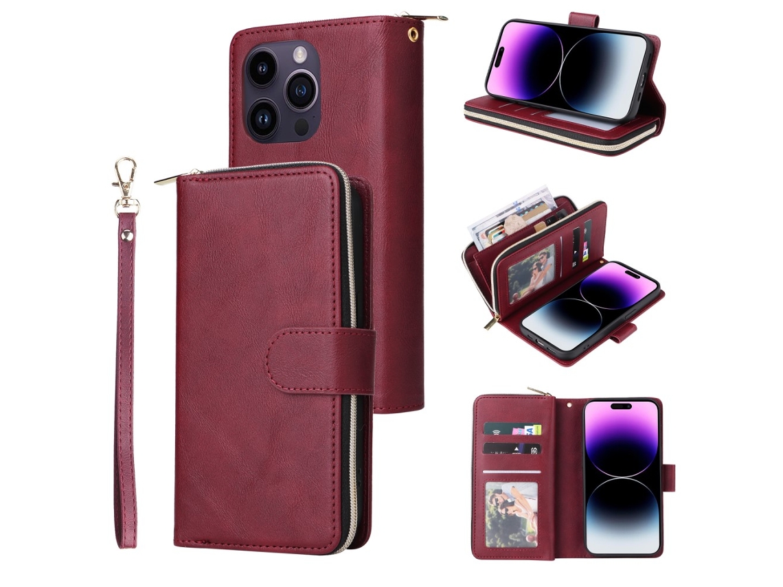 Capa Para Iphone 15 Pro Pele Sintética Com Porta-cartões Vermelho