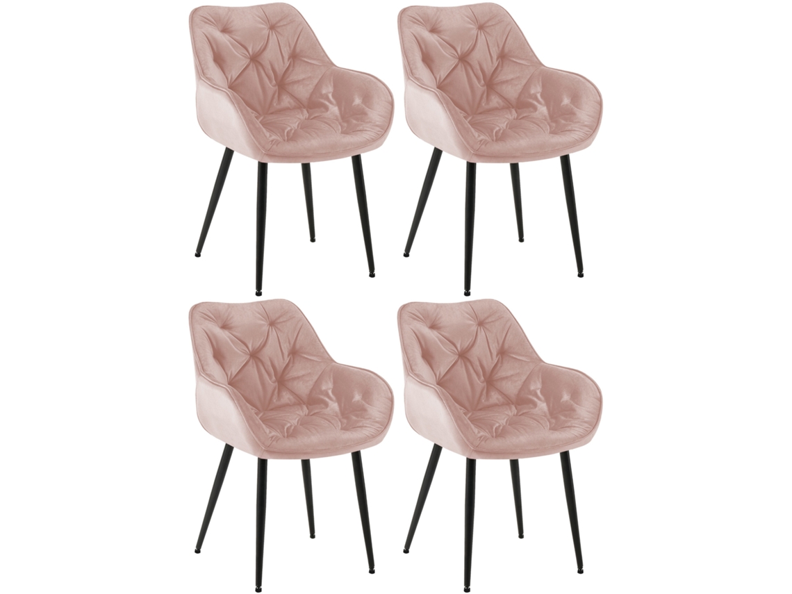 Conjunto De 4 Cadeiras De Sala De Jantar Tanna Em Veludo Com Estrutura Em Metal Preto, Rosa