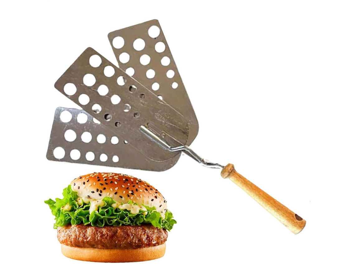 Espátula Para Grelhar Em Aço Inoxidável Com Cabo De Madeira, Resistente Ao Calor, Ideal Para Virar Hambúrgueres No Churrasco.